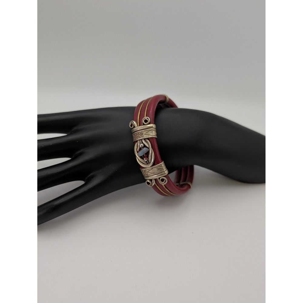 Unsigned Red Leather Triple Strand Cord Mixed Metal Tribal Boho Hook Bracelet